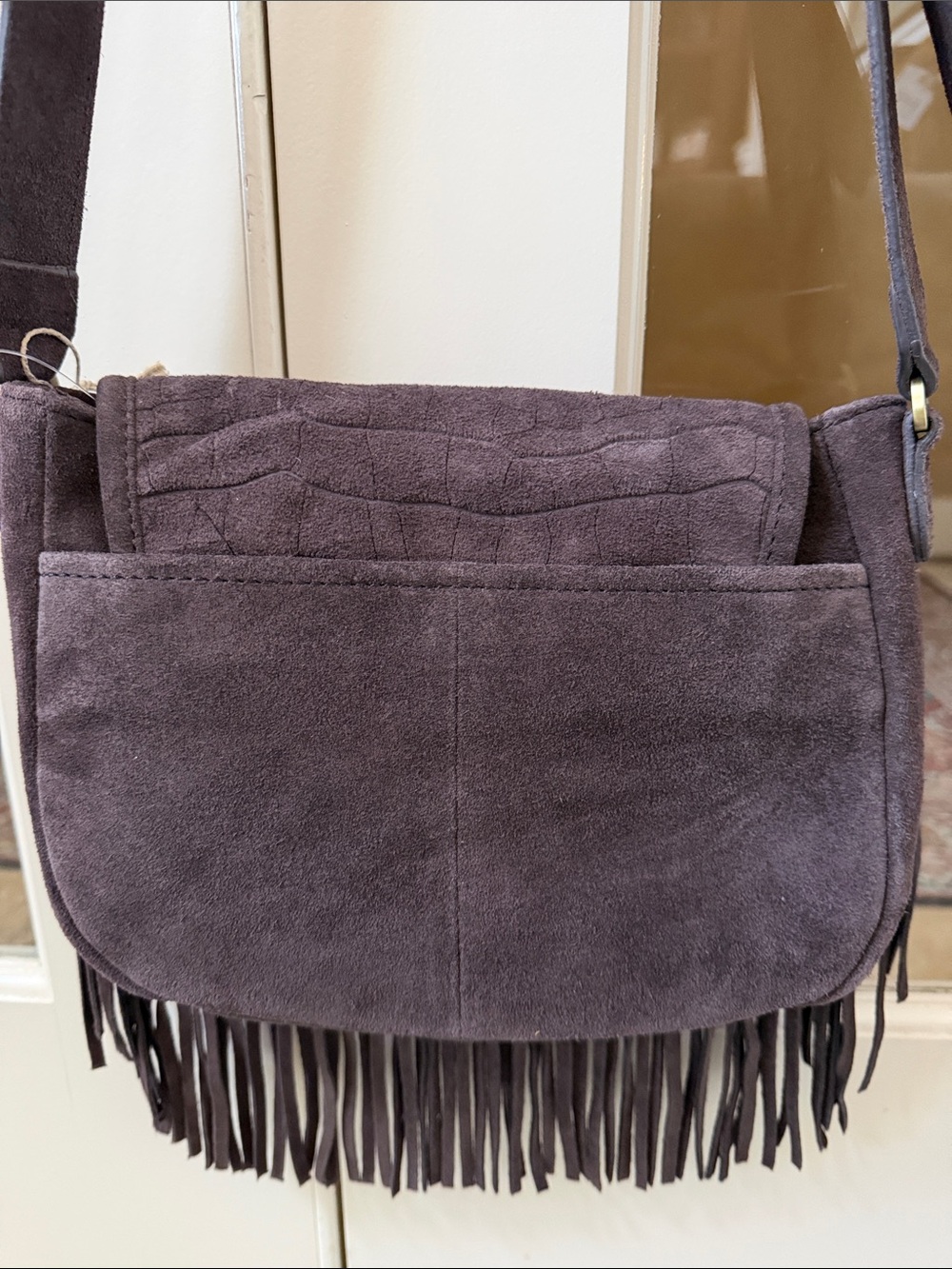 Genuine Suede Women’s Brown Croc Embossed Fringe Crossbody Saddle Bag - Picture 8 of 9